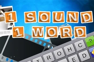 Barevné nápisy 1 SOUND 1 WORD na modrém pozadí s částečně viditelnou klávesnicí a útržky filmového pásu