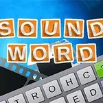 Barevné nápisy 1 SOUND 1 WORD na modrém pozadí s částečně viditelnou klávesnicí a útržky filmového pásu