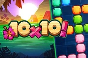 Barevné bloky a číslo 10x10 s tropickým pozadím a západem slunce