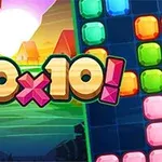 Barevné bloky a číslo 10x10 s tropickým pozadím a západem slunce