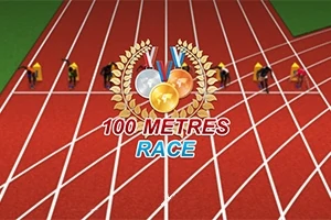 Závodní dráha s běžci připravenými na startu a nad nimi zobrazení medailí a nápis 100 Metres Race