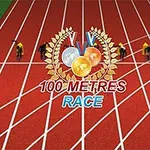 Závodní dráha s běžci připravenými na startu a nad nimi zobrazení medailí a nápis 100 Metres Race