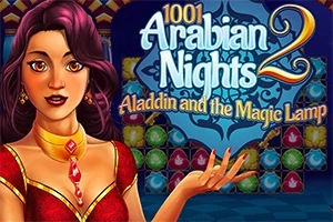 Žena s tmavými vlasy a červenými šaty stojí před barevným geometrickým pozadím s nápisem 1001 Arabian Nights 2 Aladdin and the Magic Lamp