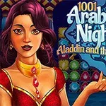 Žena s tmavými vlasy a červenými šaty stojí před barevným geometrickým pozadím s nápisem 1001 Arabian Nights 2 Aladdin and the Magic Lamp