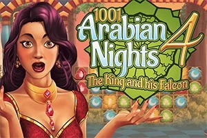 Žena s tmavými vlasy a červenými šaty stojí před barevným orientálním pozadím s textem „1001 Arabian Nights 4: The King and his Falcon“