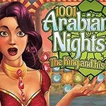 Žena s tmavými vlasy a červenými šaty stojí před barevným orientálním pozadím s textem „1001 Arabian Nights 4: The King and his Falcon“