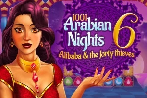 Postava ženy s fialovými vlasy v červených šatech před dekorativním pozadím s textem „1001 Arabian Nights 6: Alibaba & the forty thieves“