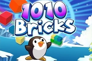 Tučňák stojí na zasněžené krajině s nápisem 1010 Bricks a barevnými kostkami v pozadí