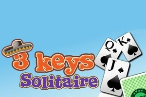 Barevná grafika s textem 3 keys Solitaire, kloboukem a kartami pikové královny, krále a kluka na modrém pozadí