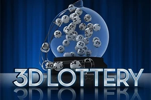 Skleněný míchač s rotujícími očíslovanými kuličkami před modrým pozadím a nápisem 3D Lottery