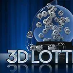 Skleněný míchač s rotujícími očíslovanými kuličkami před modrým pozadím a nápisem 3D Lottery