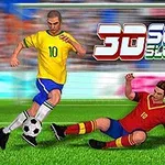 Fotbalista v žlutém dresu s číslem deset vede míč, zatímco hráč v červeném dresu skluzuje na trávníku, s nápisem 3D Soccer Slot Machine nad nimi