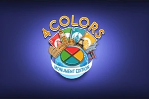 Logo s textem 4 Colors Monument Edition s kartami a známými památkami na modrém pozadí