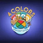 Logo s textem 4 Colors Monument Edition s kartami a známými památkami na modrém pozadí