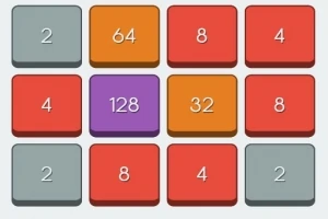 Čtverce s čísly 2, 4, 8, 32, 64 a 128 v různých barvách na mřížce