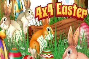 Kreslení králíci v trávě mezi velikonočními vajíčky s nápisem 4x4 Easter