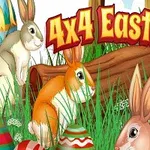 Kreslení králíci v trávě mezi velikonočními vajíčky s nápisem 4x4 Easter