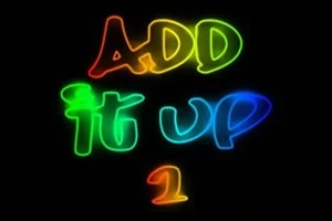 Barevné neonové písmo na černém pozadí s nápisem ADD IT UP 1