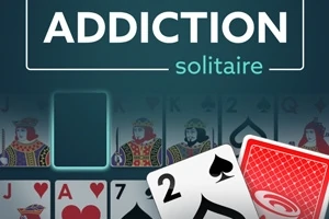 Hrací karty před nápisem Addiction Solitaire v modrém pozadí