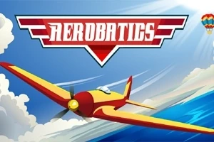 Žluté a červené letadlo letí oblohou s nápisem Aerobatics ve vrchní části obrázku a malým horkovzdušným balónem v pravém horním rohu