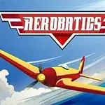 Žluté a červené letadlo letí oblohou s nápisem Aerobatics ve vrchní části obrázku a malým horkovzdušným balónem v pravém horním rohu