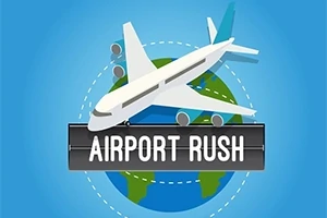 Letadlo letí nad zeměkoulí s textem Airport Rush
