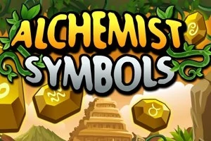 Název Alchemist Symbols s obrázky zlatých šestiúhelníků a alchymistických symbolů na pozadí s džunglí a pyramidou