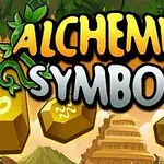 Název Alchemist Symbols s obrázky zlatých šestiúhelníků a alchymistických symbolů na pozadí s džunglí a pyramidou