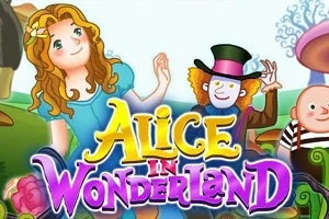 Dívka s blond vlasy a kloboukem stojí vedle usměvavého muže v cylindru, obklopeni kouzelnou krajinou, nad nápisem Alice in Wonderland