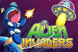 Vesmírný astronaut střílející na mimozemské létající talíře s nápisem Alien Invaders na fialovém pozadí