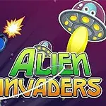 Vesmírný astronaut střílející na mimozemské létající talíře s nápisem Alien Invaders na fialovém pozadí
