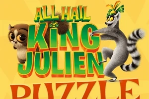 Lemur tančící vedle barevného nápisu na žlutém pozadí