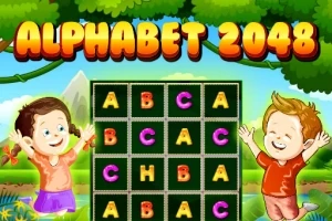 Dvě kreslené děti stojí vedle hracího pole s písmeny, na pozadí je přírodní krajina a zelené stromy, nad nimi je nápis ALPHABET 2048