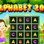 Dvě kreslené děti stojí vedle hracího pole s písmeny, na pozadí je přírodní krajina a zelené stromy, nad nimi je nápis ALPHABET 2048
