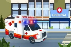 Sanitka se zábleskovými světly před nemocnicí na ulici