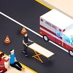 Zdravotnická scéna s ambulancí, nosítky, záchranářem a osobou, která ošetřuje zraněného na chodníku vedle silnice