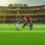 Fotbalový stadion s hráčem v modrém dresu a americkým fotbalem ve vzduchu