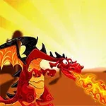 Červený drak chrlící oheň na pouštním pozadí se zapadajícím sluncem