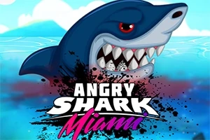 Žralok s otevřenou tlamou vyčnívající z vody s nápisem Angry Shark Miami na pozadí modré oblohy
