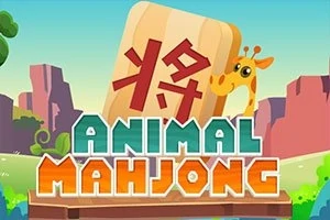 Grafika s nápisem Animal Mahjong, kde je vidět žirafa vykukující zpoza mahjongového kamene s čínským znakem, na pozadí s barevnou krajinou