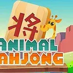 Grafika s nápisem Animal Mahjong, kde je vidět žirafa vykukující zpoza mahjongového kamene s čínským znakem, na pozadí s barevnou krajinou