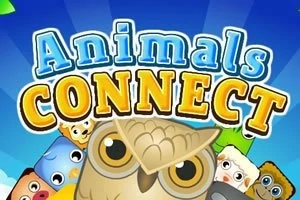 Barevná ilustrace s velkým nápisem Animals Connect a kreslenými zvířátky v pozadí, včetně sovy, krávy, a psa