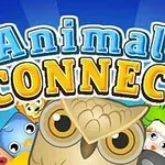Barevná ilustrace s velkým nápisem Animals Connect a kreslenými zvířátky v pozadí, včetně sovy, krávy, a psa