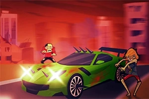 Zelené sportovní auto s ostny a dvě postavy připomínající zombie na červeném pozadí města