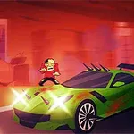 Zelené sportovní auto s ostny a dvě postavy připomínající zombie na červeném pozadí města