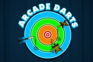 Barevný terč s třemi šipkami zasazenými do různých kruhů a nápisem Arcade Darts
