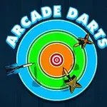 Barevný terč s třemi šipkami zasazenými do různých kruhů a nápisem Arcade Darts