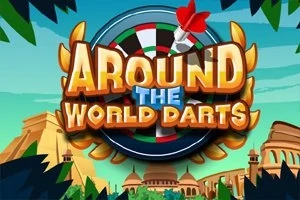 Název Around the World Darts před kulisou šipkového terče s červenou šipkou a exotickou krajinou v pozadí