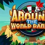 Název Around the World Darts před kulisou šipkového terče s červenou šipkou a exotickou krajinou v pozadí