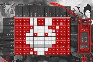 Mřížková tabulka s červenými a bílými čtverci tvořícími obrazec králíka